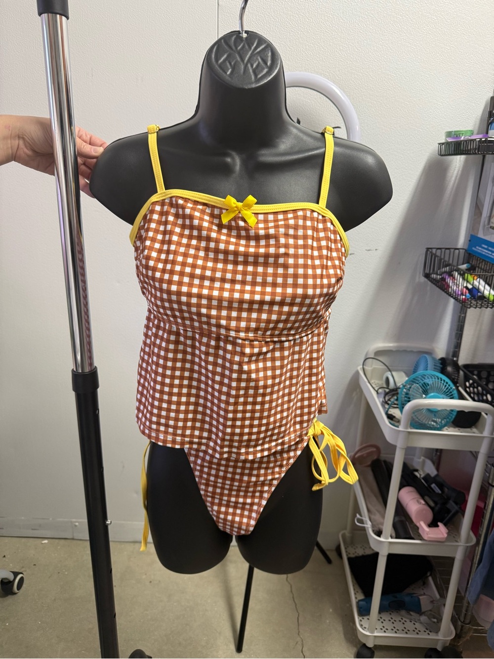 SHEIN Brown Gingham Two-Piece Bikini with Yellow Trim